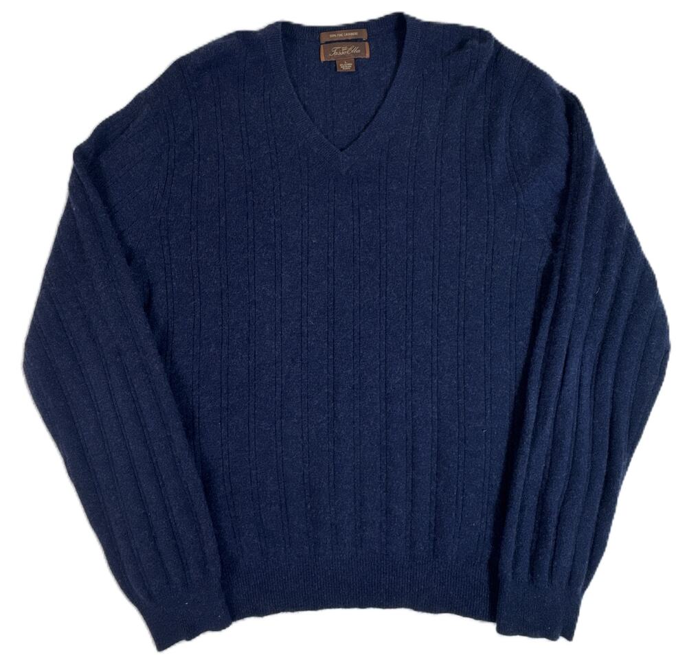 Tasso Elba Men's L 100% Cashmere V-Neck Sweater Navy Blue Ribbed Knit